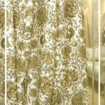 Ivory floral damask printed curtain fabric with gold and olive botanical motifs, premium cotton linen drapery for luxury living room and bedroom interiors