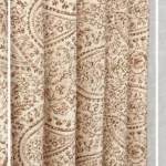 Beige floral paisley printed curtain fabric with delicate brown botanical motifs, premium cotton linen drapery for elegant living room and bedroom interiors
