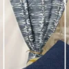 Indigo blue abstract patterned curtain fabric with soft white detailing, premium cotton linen drapery for modern living room and bedroom interiors