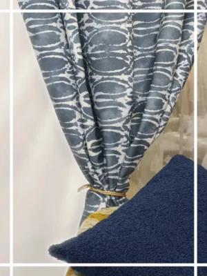 Indigo blue abstract patterned curtain fabric with soft white detailing, premium cotton linen drapery for modern living room and bedroom interiors