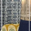Indigo blue abstract patterned curtain fabric with soft white detailing, premium cotton linen drapery for modern living room and bedroom interiors