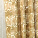 Golden ochre abstract printed curtain fabric with white organic pattern, premium cotton linen drapery for luxury living room and bedroom interiors
