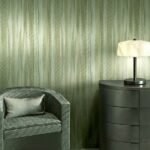 ARMANI / CASA Refined Structure 2 luxury wallcovering featuring soft vertical silk-like textures in muted sage green tones, designed for elegant contemporary interiors and premium wall décor.