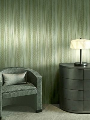 ARMANI / CASA Refined Structure 2 luxury wallcovering featuring soft vertical silk-like textures in muted sage green tones, designed for elegant contemporary interiors and premium wall décor.
