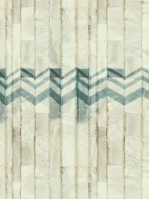 ARMANI / CASA Refined Structure 2 luxury wallcovering with layered stone textures and geometric chevron accents in ivory, beige, and muted teal tones for sophisticated premium interiors.
