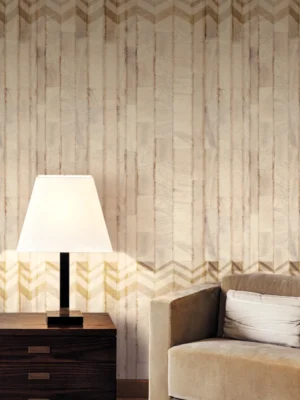 ARMANI / CASA Refined Structure 2 luxury wallcovering featuring layered stone textures and soft geometric chevron accents in warm ivory and champagne tones for elegant premium interiors.