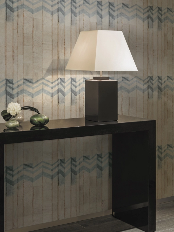 Armani Casa Refined Structure 2 luxury wallcovering with marble-inspired geometric chevron pattern in beige and grey tones for premium interiors