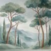 Watercolor landscape wallpaper featuring tall pine trees, misty green hills, cypress trees, and a serene coastal view in soft pastel tones.