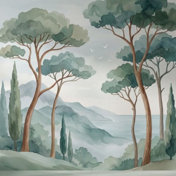 Watercolor landscape wallpaper featuring tall pine trees, misty green hills, cypress trees, and a serene coastal view in soft pastel tones.