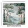 Watercolor landscape wallpaper featuring tall pine trees, misty green hills, cypress trees, and a serene coastal view in soft pastel tones.