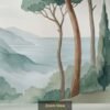 Watercolor landscape wallpaper featuring tall pine trees, misty green hills, cypress trees, and a serene coastal view in soft pastel tones.