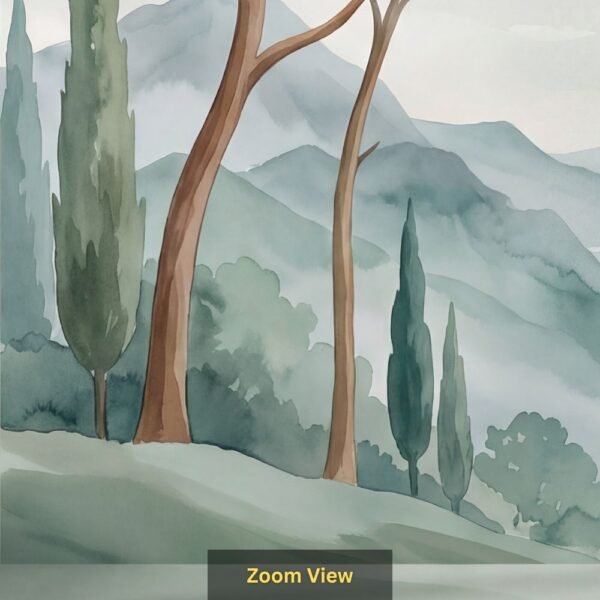 Watercolor landscape wallpaper featuring tall pine trees, misty green hills, cypress trees, and a serene coastal view in soft pastel tones.