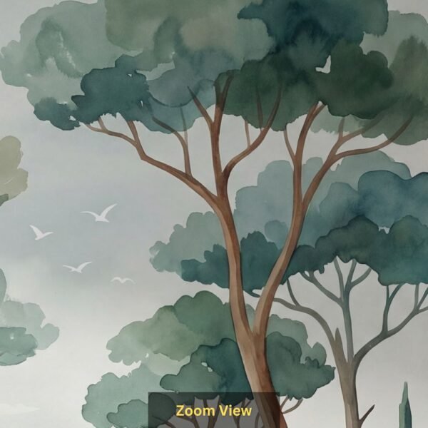 Watercolor landscape wallpaper featuring tall pine trees, misty green hills, cypress trees, and a serene coastal view in soft pastel tones.