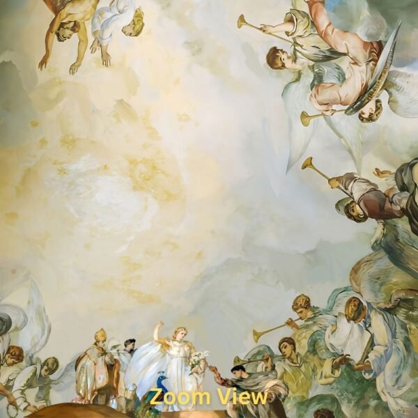 Roberto Cavalli Volume 8 luxury ceiling wallpaper featuring classical angelic fresco artwork in soft clouds, designed for opulent living rooms, palatial interiors, and premium homes.