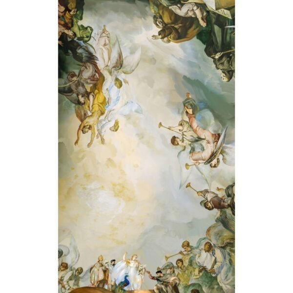 Roberto Cavalli Volume 8 luxury ceiling wallpaper featuring classical angelic fresco artwork in soft clouds, designed for opulent living rooms, palatial interiors, and premium homes.