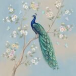 "Beautiful peacock perched on a blooming tree with pastel flowers and butterflies on a soft blue textured background."