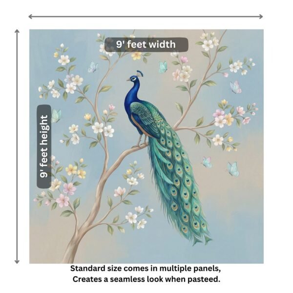 "Beautiful peacock perched on a blooming tree with pastel flowers and butterflies on a soft blue textured background."