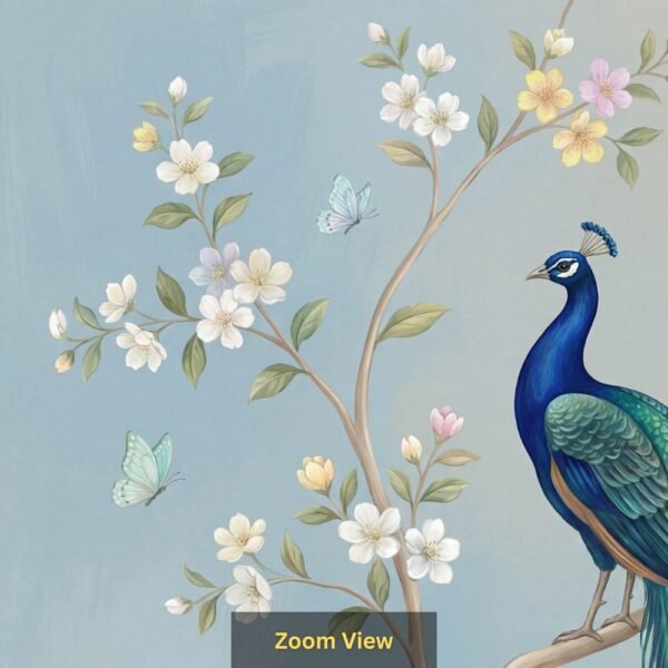 "Beautiful peacock perched on a blooming tree with pastel flowers and butterflies on a soft blue textured background."