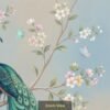 "Beautiful peacock perched on a blooming tree with pastel flowers and butterflies on a soft blue textured background."