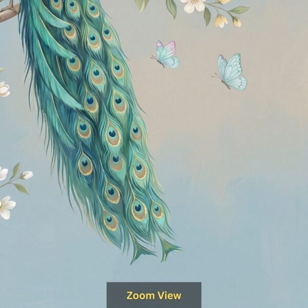 "Beautiful peacock perched on a blooming tree with pastel flowers and butterflies on a soft blue textured background."