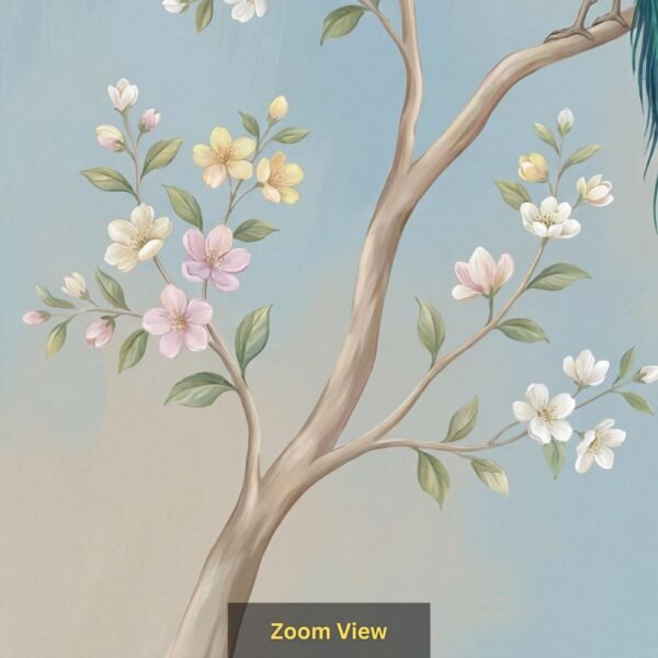 "Beautiful peacock perched on a blooming tree with pastel flowers and butterflies on a soft blue textured background."