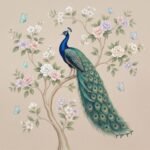 "Beautiful peacock perched on a blooming tree with pastel flowers and butterflies on a soft blue textured background."