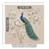 "Beautiful peacock perched on a blooming tree with pastel flowers and butterflies on a soft blue textured background