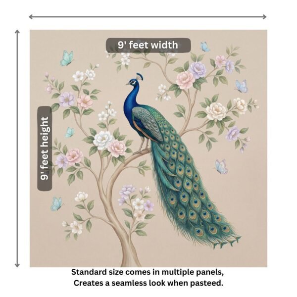 "Beautiful peacock perched on a blooming tree with pastel flowers and butterflies on a soft blue textured background