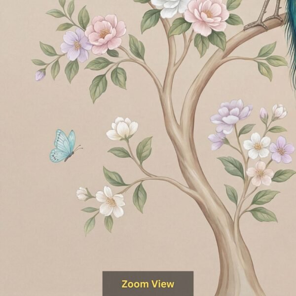 "Beautiful peacock perched on a blooming tree with pastel flowers and butterflies on a soft blue textured background."