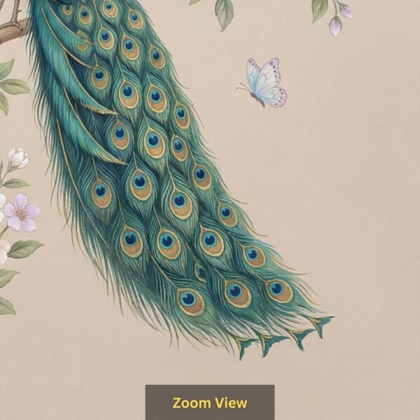 "Beautiful peacock perched on a blooming tree with pastel flowers and butterflies on a soft blue textured background."
