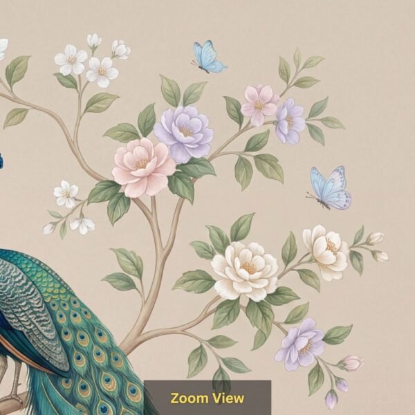 "Beautiful peacock perched on a blooming tree with pastel flowers and butterflies on a soft blue textured background."