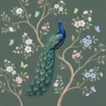 "Beautiful peacock sitting on a tree branch with pastel flowers and butterflies on a green background, hand-painted wall mural design."