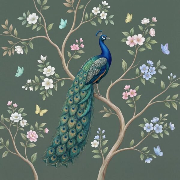 "Beautiful peacock sitting on a tree branch with pastel flowers and butterflies on a green background, hand-painted wall mural design."