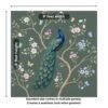 "Beautiful peacock sitting on a tree branch with pastel flowers and butterflies on a green background, hand-painted wall mural design."