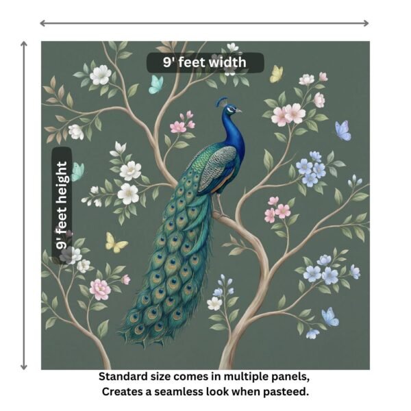 "Beautiful peacock sitting on a tree branch with pastel flowers and butterflies on a green background, hand-painted wall mural design."
