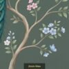 "Beautiful peacock sitting on a tree branch with pastel flowers and butterflies on a green background, hand-painted wall mural design."