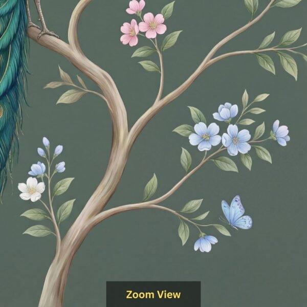 "Beautiful peacock sitting on a tree branch with pastel flowers and butterflies on a green background, hand-painted wall mural design."