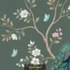 "Beautiful peacock sitting on a tree branch with pastel flowers and butterflies on a green background, hand-painted wall mural design."