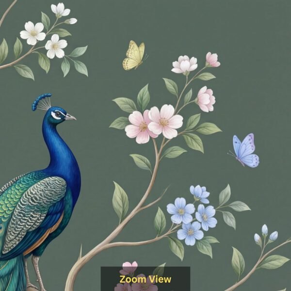 "Beautiful peacock sitting on a tree branch with pastel flowers and butterflies on a green background, hand-painted wall mural design."