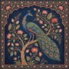 Traditional Indian Pichwai peacock artwork with lotus flowers on royal blue background, decorative floral border, elegant wall art design for home décor.