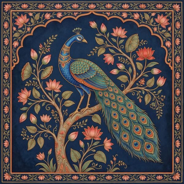 Traditional Indian Pichwai peacock artwork with lotus flowers on royal blue background, decorative floral border, elegant wall art design for home décor.