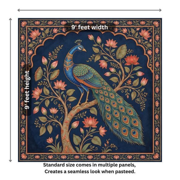 Traditional Indian Pichwai peacock artwork with lotus flowers on royal blue background, decorative floral border, elegant wall art design for home décor.