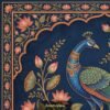 Traditional Indian Pichwai peacock artwork with lotus flowers on royal blue background, decorative floral border, elegant wall art design for home décor.