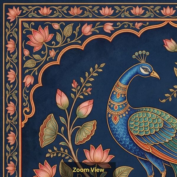 Traditional Indian Pichwai peacock artwork with lotus flowers on royal blue background, decorative floral border, elegant wall art design for home décor.