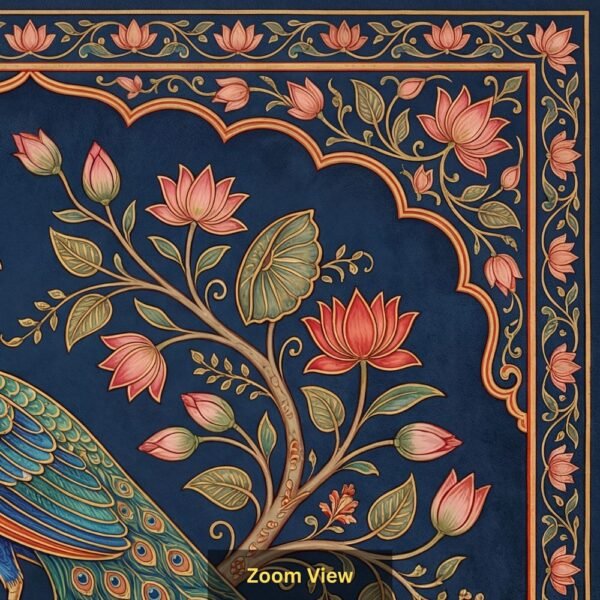 Traditional Indian Pichwai peacock artwork with lotus flowers on royal blue background, decorative floral border, elegant wall art design for home décor.