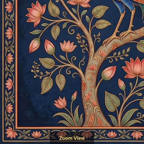 Traditional Indian Pichwai peacock artwork with lotus flowers on royal blue background, decorative floral border, elegant wall art design for home décor.