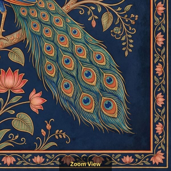 Traditional Indian Pichwai peacock artwork with lotus flowers on royal blue background, decorative floral border, elegant wall art design for home décor.