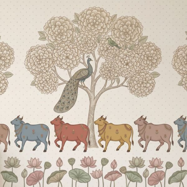 Elegant Pichwai Style Wallpaper with Cows, Peacock and Lotus Floral Motifs for Home Décor