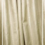 Ivory gold textured foil curtain fabric with abstract curved pattern, luxury drapery material for elegant living room and bedroom interiors