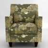 Luxury forest-themed printed upholstery fabric armchair with botanical trees and wildlife motifs in olive green for designer living room interiors